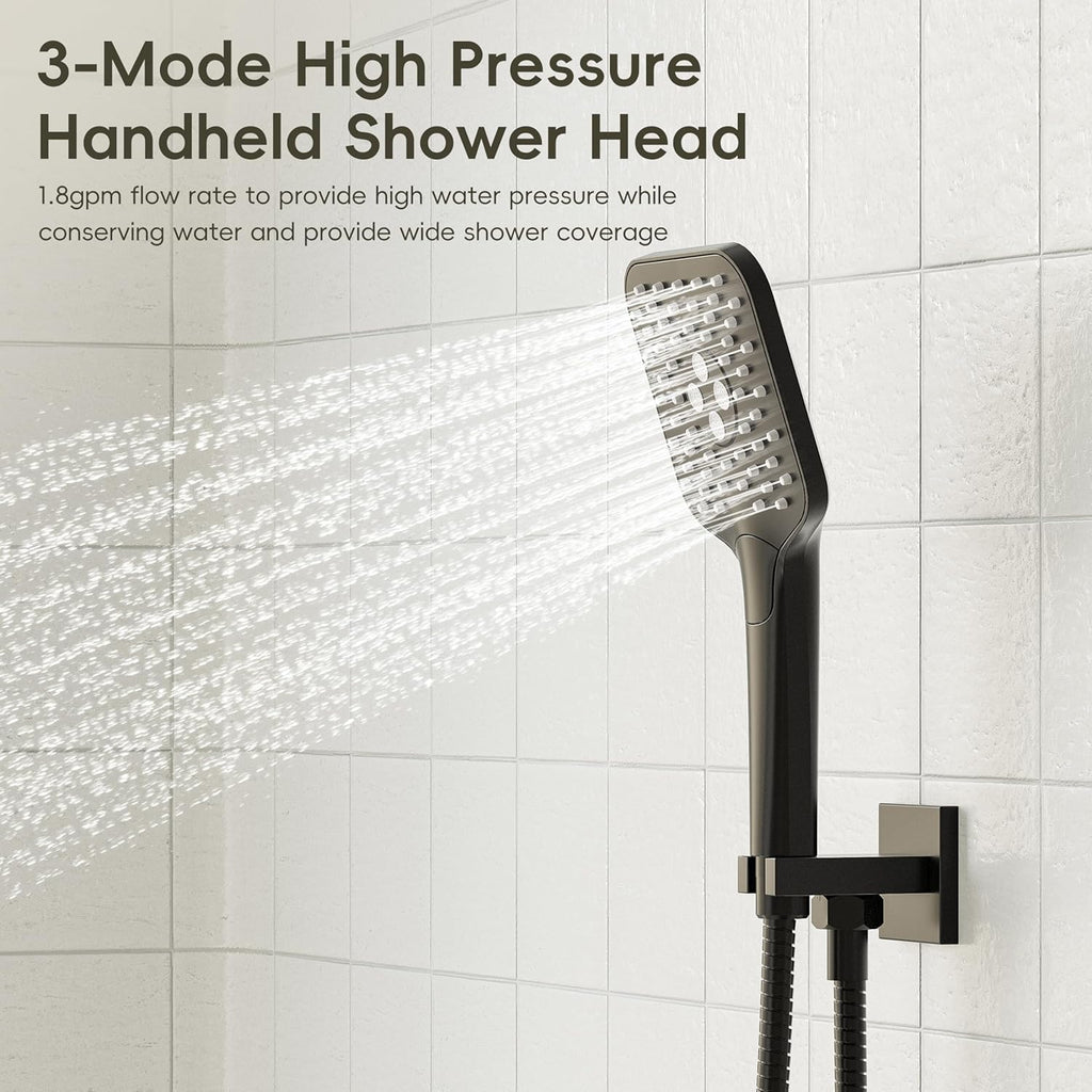 Gabrylly Shower System with Tub Spout, Wall Mounted Tub Shower Faucet Set for Bathroom with High Pressure 10" Rain Shower head and 3-Setting Handheld Shower Head Set, Matte Black