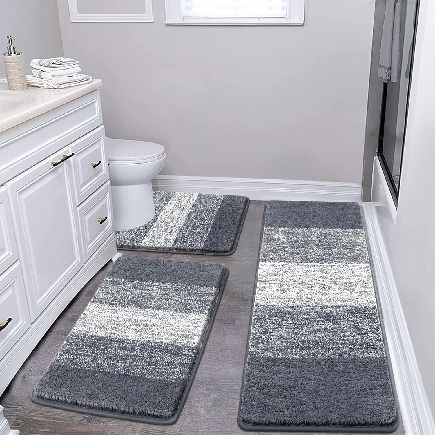 Pauwer Bathroom Rugs Sets 3 Piece Shower Rugs with U-Shaped Contour Toilet Mat Absorbent Microfiber Plush Bath Mats Non Slip Bath Rugs Machine Washable Shaggy Bathroom Floor Mats, Grey
