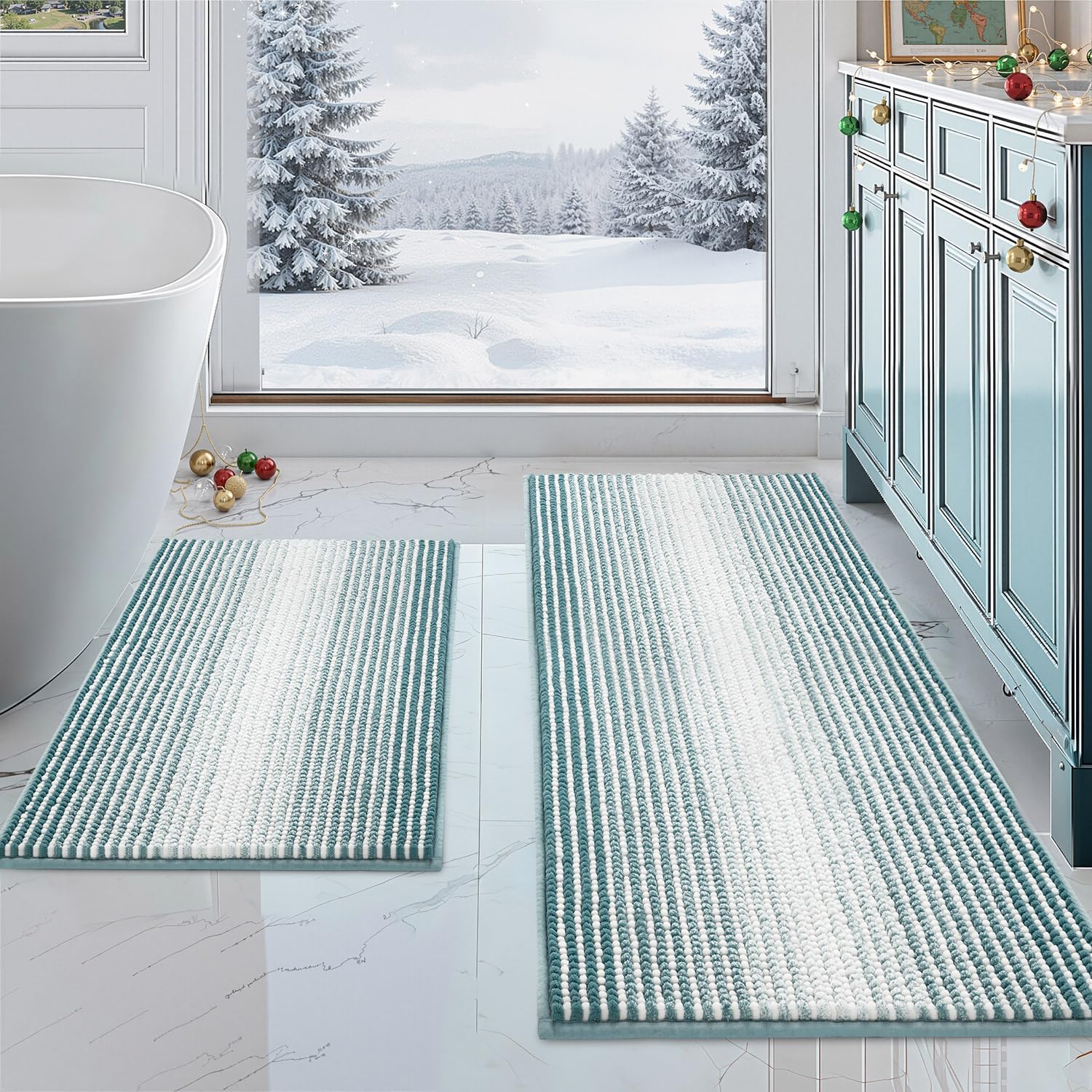 BSICPRO Bathroom Rugs and Mats Sets, 2 Piece Thick Absorbent Chenille Bath Mat Rug Set Non Slip, Soft Shaggy Bath Room Floor Mats for Bathroom, Machine Washable (Sage, 20" x 47" Plus 16" x 24")