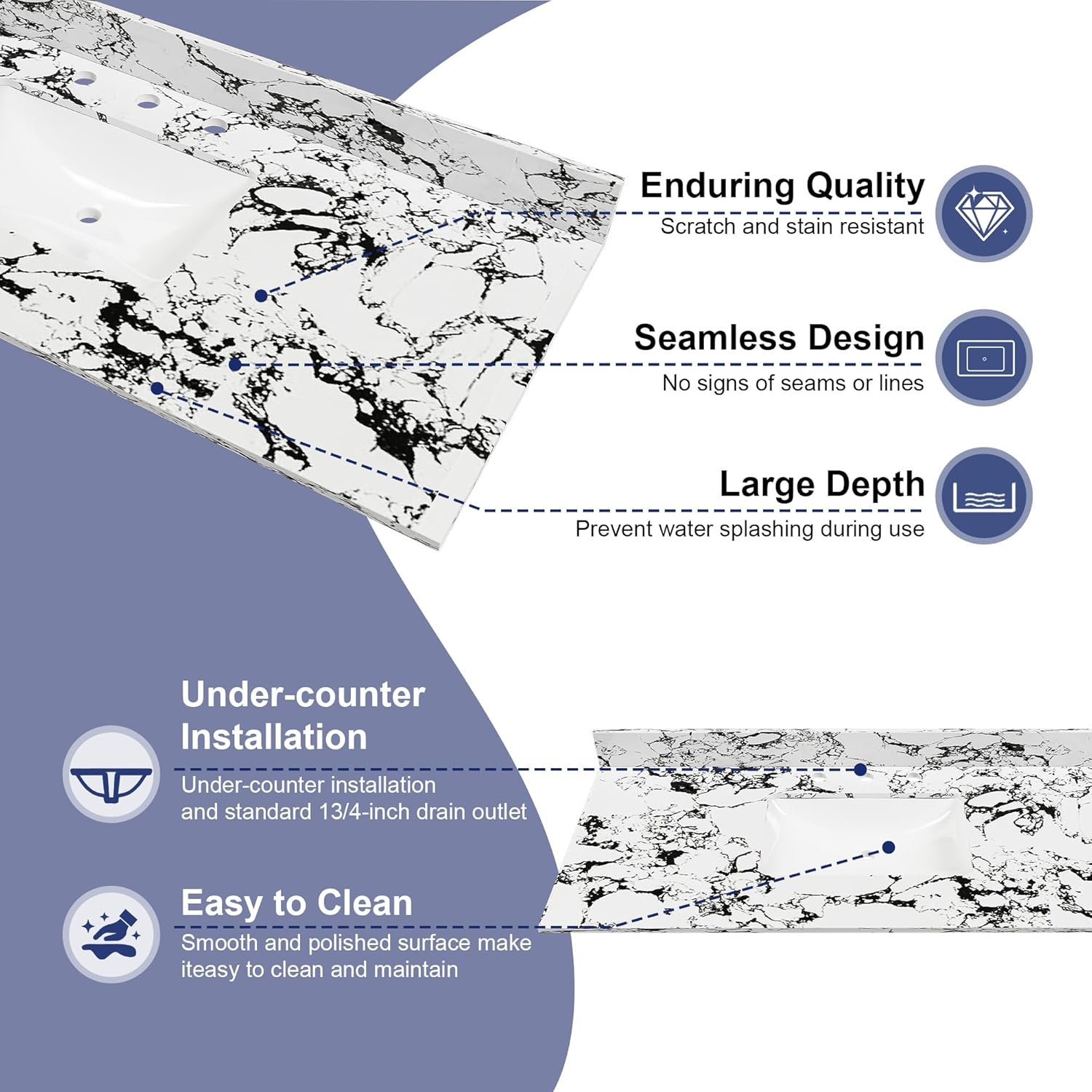 Montary 49"x 22" Artificial Marble Bathroom Vanity Top with Undermounted Ceramic Sink & Backsplash, Engineered Stone Bathroom Vanity Sink Tops with 3 Pre-Drilled Hole, Panda White