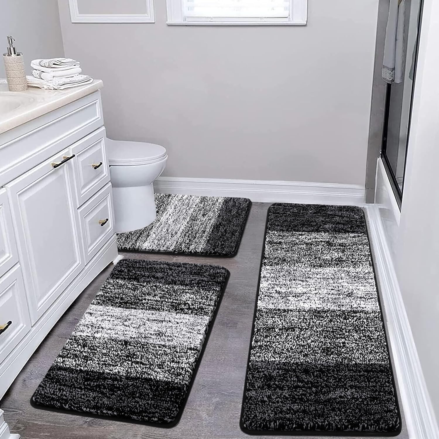 Pauwer Bathroom Rugs Sets 3 Piece Shower Rugs with U-Shaped Contour Toilet Mat Absorbent Microfiber Plush Bath Mats Non Slip Bath Rugs Machine Washable Shaggy Bathroom Floor Mats, Grey
