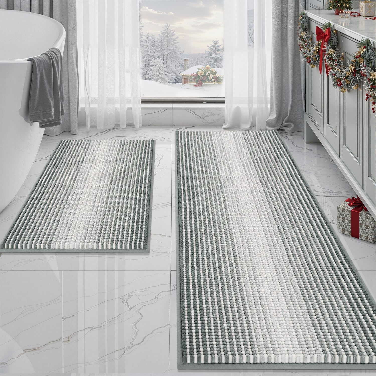 BSICPRO Bathroom Rugs and Mats Sets, 2 Piece Thick Absorbent Chenille Bath Mat Rug Set Non Slip, Soft Shaggy Bath Room Floor Mats for Bathroom, Machine Washable (Sage, 20" x 47" Plus 16" x 24")