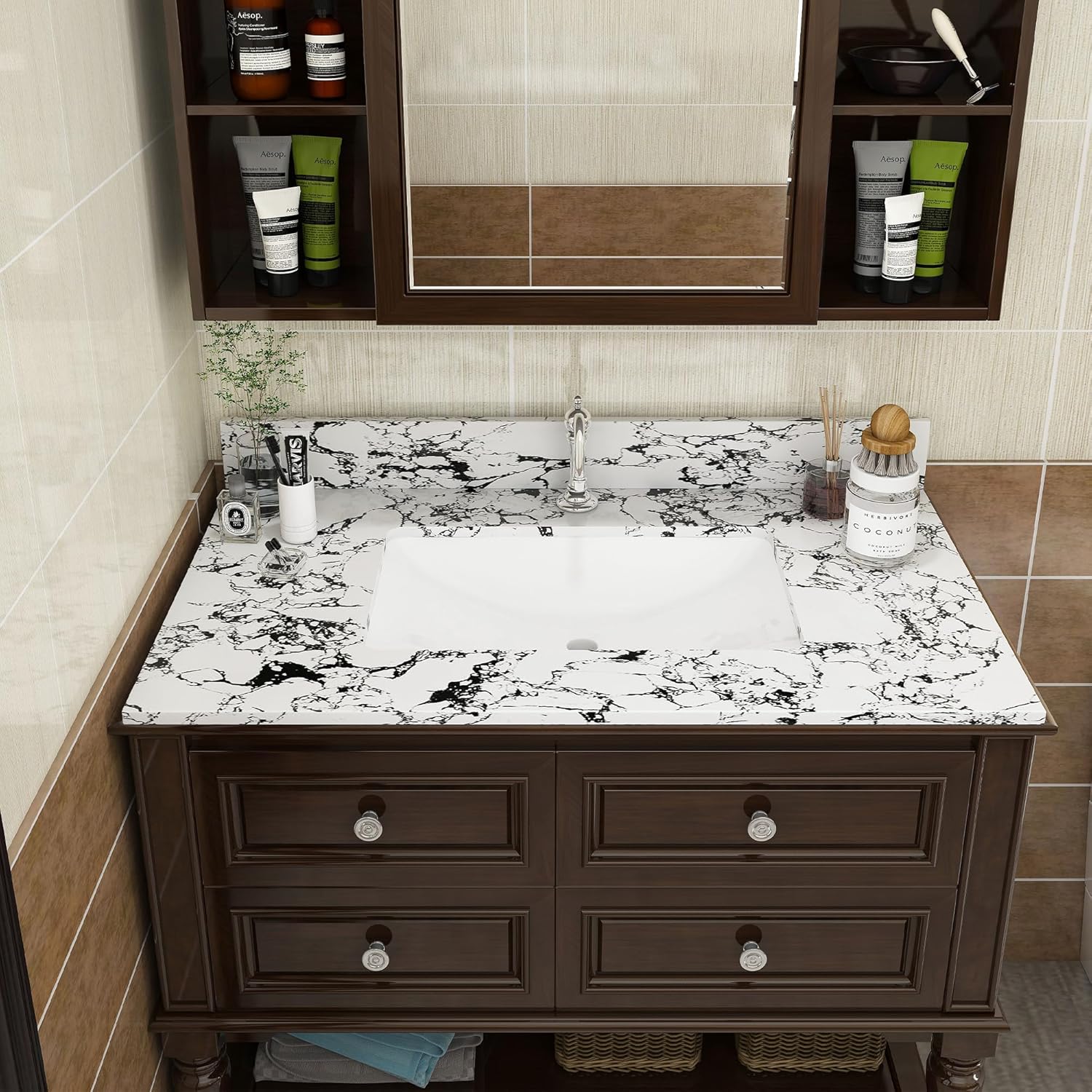 37" Bathroom Vanity Top with Ceramic Undermount Sink & Backsplash,Calacatta Gold Sintered Stone Counter Top, 3 Holes Vanity Sink Top