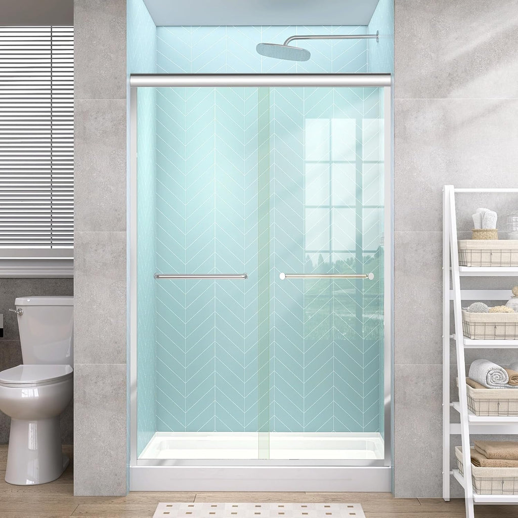 GETPRO Tub Shower Door Sliding 57-60 in. W x 58 in. H Semi-Frameless Bypass Double Sliding Bathroom Glass Tub Door,1/4 inch Clear Tempered Glass Bathtub Door Matte Black