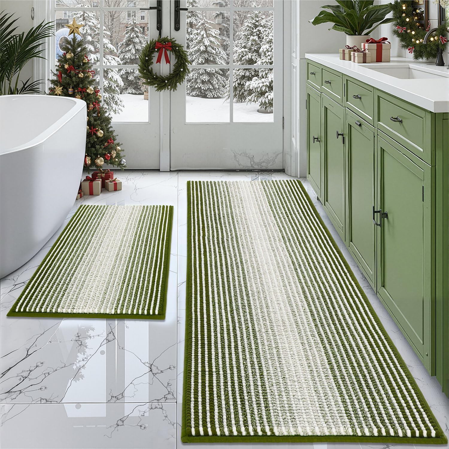 BSICPRO Bathroom Rugs and Mats Sets, 2 Piece Thick Absorbent Chenille Bath Mat Rug Set Non Slip, Soft Shaggy Bath Room Floor Mats for Bathroom, Machine Washable (Sage, 20" x 47" Plus 16" x 24")