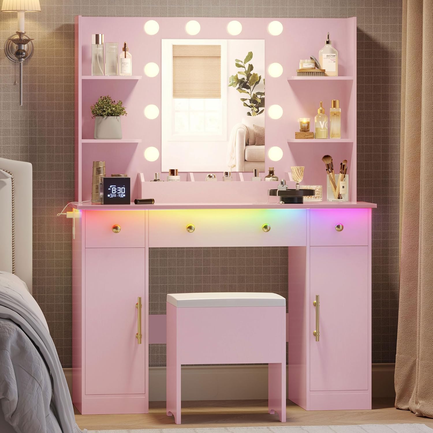 Vanity Desk with Mirror and Lights, 43" White Makeup Vanity Set with 5 Drawers & Glass Cabinets, Storage Stool, Power Outlet & Adjustable LED Lights, Dressing Table for Women & Girls Bedroom