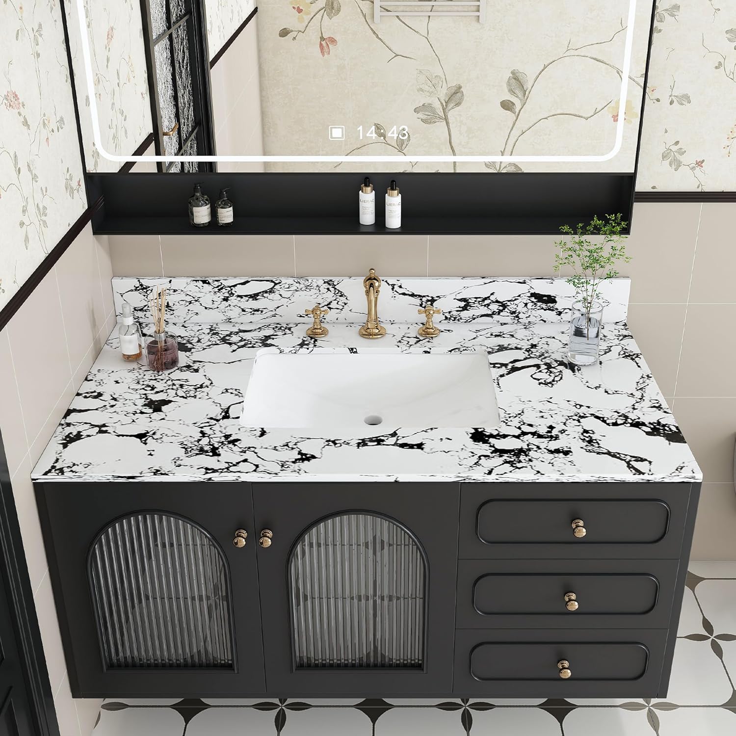 37" Bathroom Vanity Top with Ceramic Undermount Sink & Backsplash,Calacatta Gold Sintered Stone Counter Top, 3 Holes Vanity Sink Top