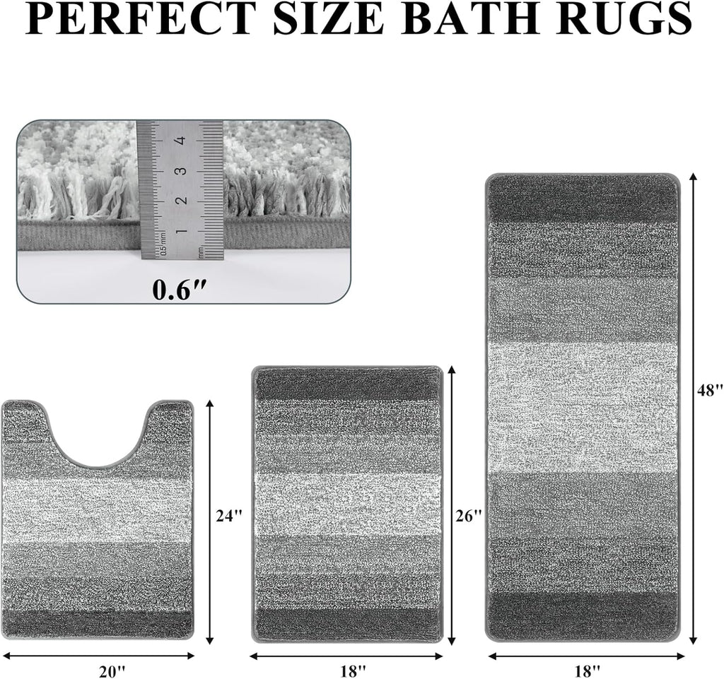 Pauwer Bathroom Rugs Sets 3 Piece Shower Rugs with U-Shaped Contour Toilet Mat Absorbent Microfiber Plush Bath Mats Non Slip Bath Rugs Machine Washable Shaggy Bathroom Floor Mats, Grey