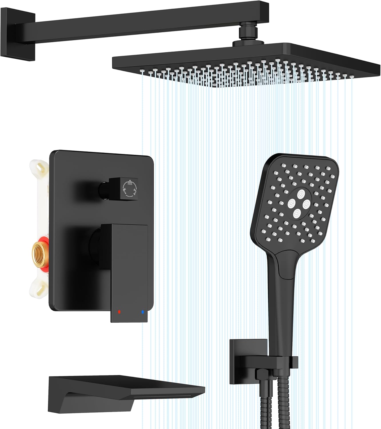 Gabrylly Shower System with Tub Spout, Wall Mounted Tub Shower Faucet Set for Bathroom with High Pressure 10" Rain Shower head and 3-Setting Handheld Shower Head Set, Matte Black