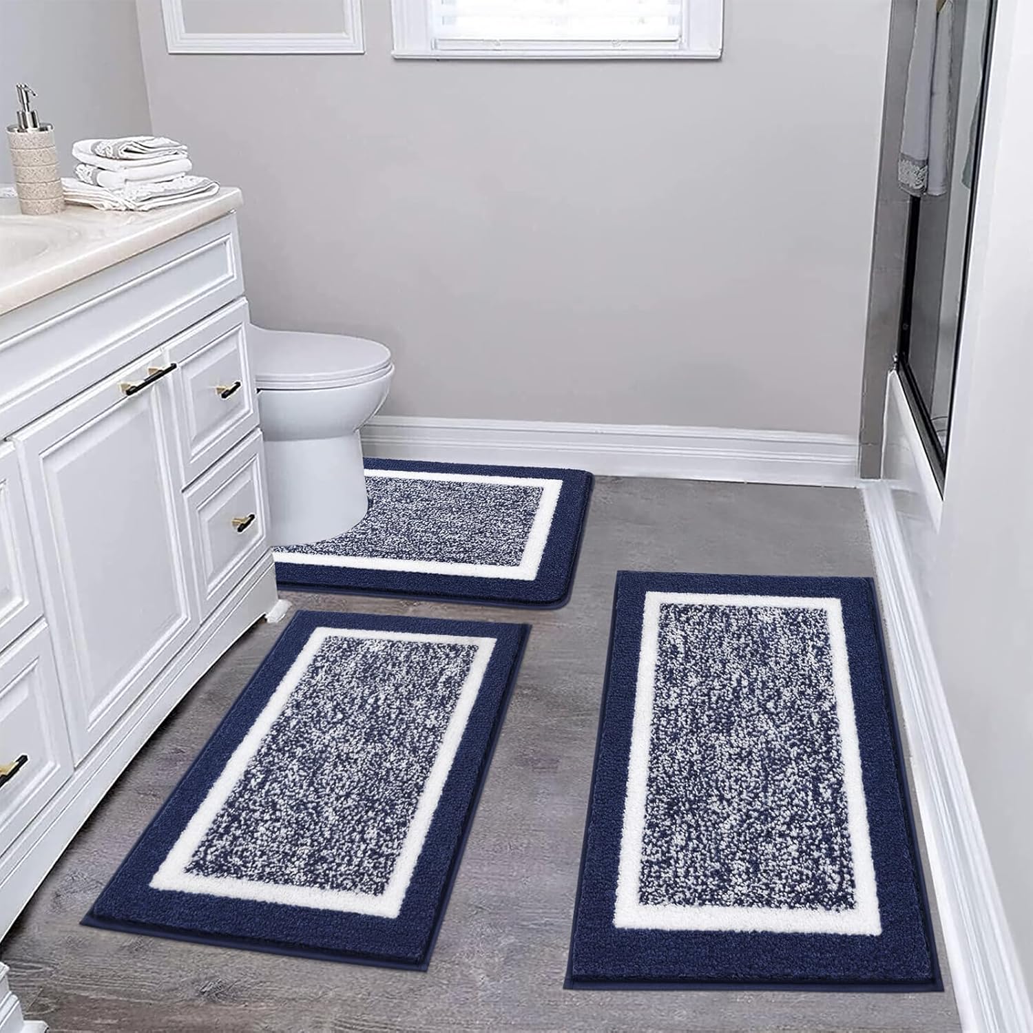 Pauwer Bathroom Rug Mat Set 3 Piece, Microfiber Shaggy Bath Set, Non-Slip Ultra Soft Carpet Mats, Absorbent with U-Shaped Toilet for Bathroom, Tub, Shower, Dark Grey