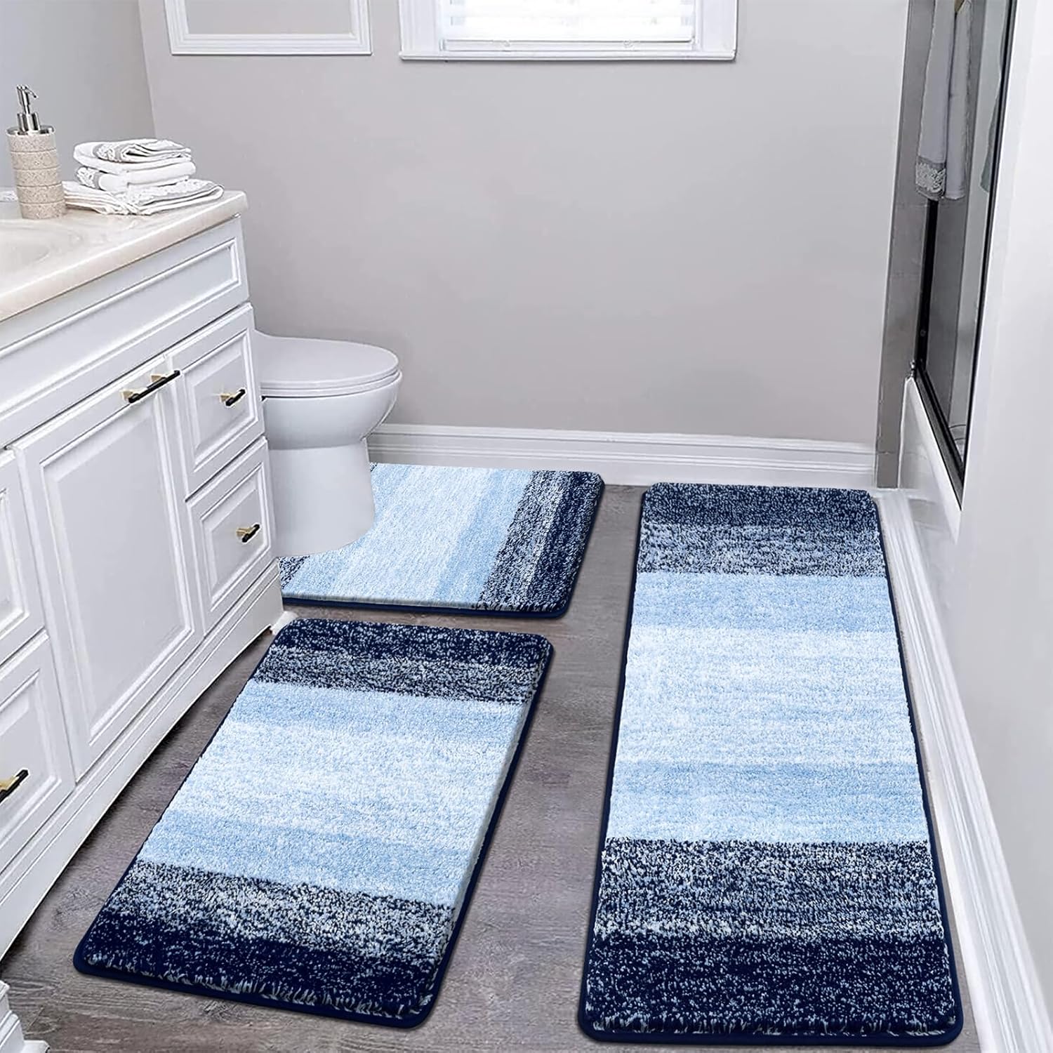 Pauwer Bathroom Rugs Sets 3 Piece Shower Rugs with U-Shaped Contour Toilet Mat Absorbent Microfiber Plush Bath Mats Non Slip Bath Rugs Machine Washable Shaggy Bathroom Floor Mats, Grey