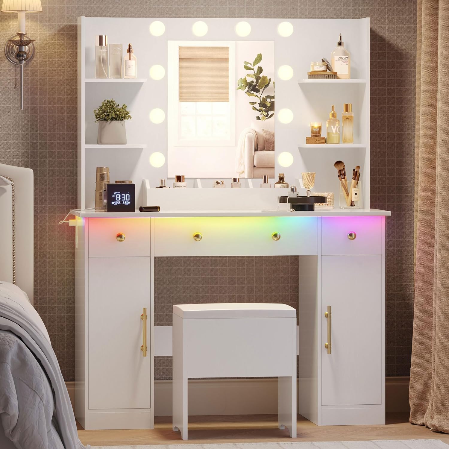 Vanity Desk with Mirror and Lights, 43" White Makeup Vanity Set with 5 Drawers & Glass Cabinets, Storage Stool, Power Outlet & Adjustable LED Lights, Dressing Table for Women & Girls Bedroom