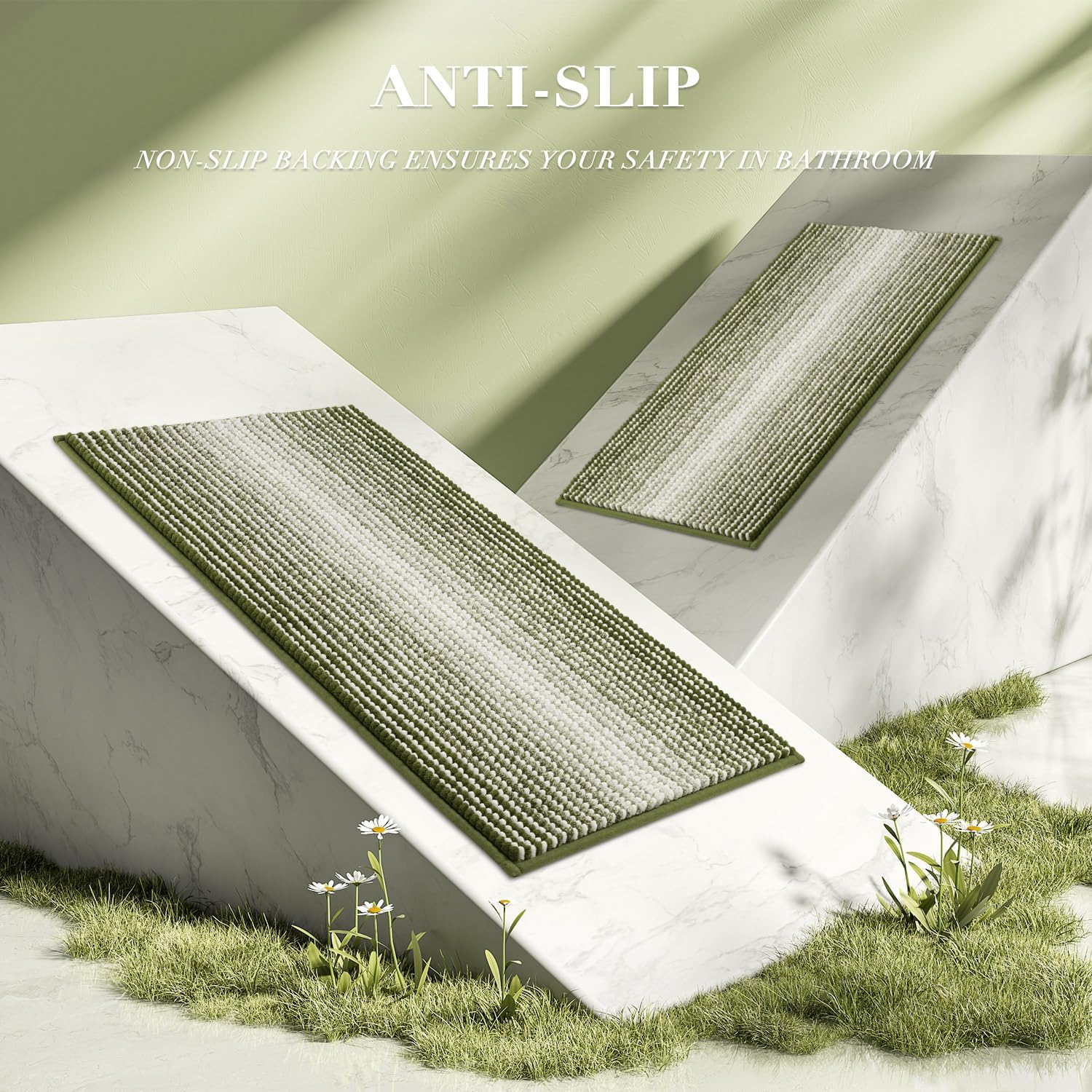 BSICPRO Bathroom Rugs and Mats Sets, 2 Piece Thick Absorbent Chenille Bath Mat Rug Set Non Slip, Soft Shaggy Bath Room Floor Mats for Bathroom, Machine Washable (Sage, 20" x 47" Plus 16" x 24")