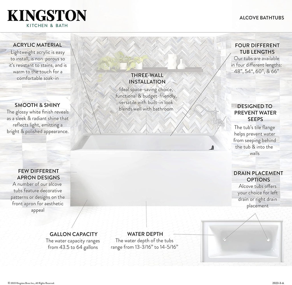 KINGSTON BRASS VTDE603122R 60-Inch Contemporary Alcove Acrylic Bathtub with Right Hand Drain and Overflow Holes, White