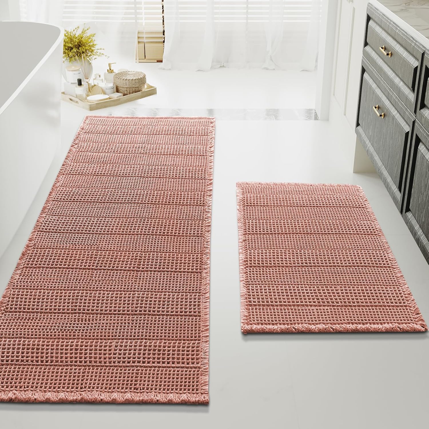 H.VERSAILTEX Waffle Bath Mat Super Absorbent Bathroom Mats Non Slip Bath Rugs for Bathroom Floor Machine Washable Ultra Soft Bathroom Rugs for Beside Tub, (32 x 20 Plus 24 x 60 - Inches, Irish Cream)