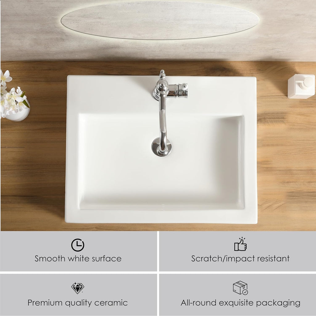 24 x18 Inch Rectangular White Bathroom Vessel Sink, Above Counter Porcelain Ceramic Sinks,Vanity Lavatory Bath Countertop Bathroom Sinks Bowl Basin with Faucet Hole(LA-4427)