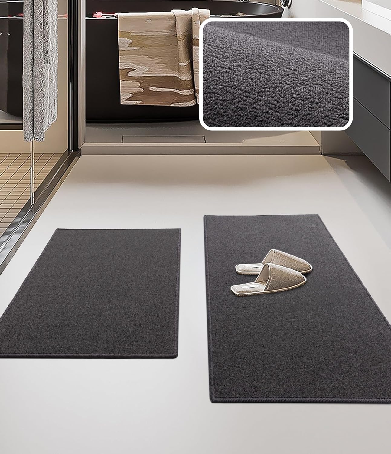 YIHOUSE Bathroom Rug Sets 2 Piece, Ultra Thin Bath Mat Fit Under Door, Quick Dry Absorbent Bath Mat for Bathroom Non Slip Machine Washable Floor Mat (Black, 2 Piece)