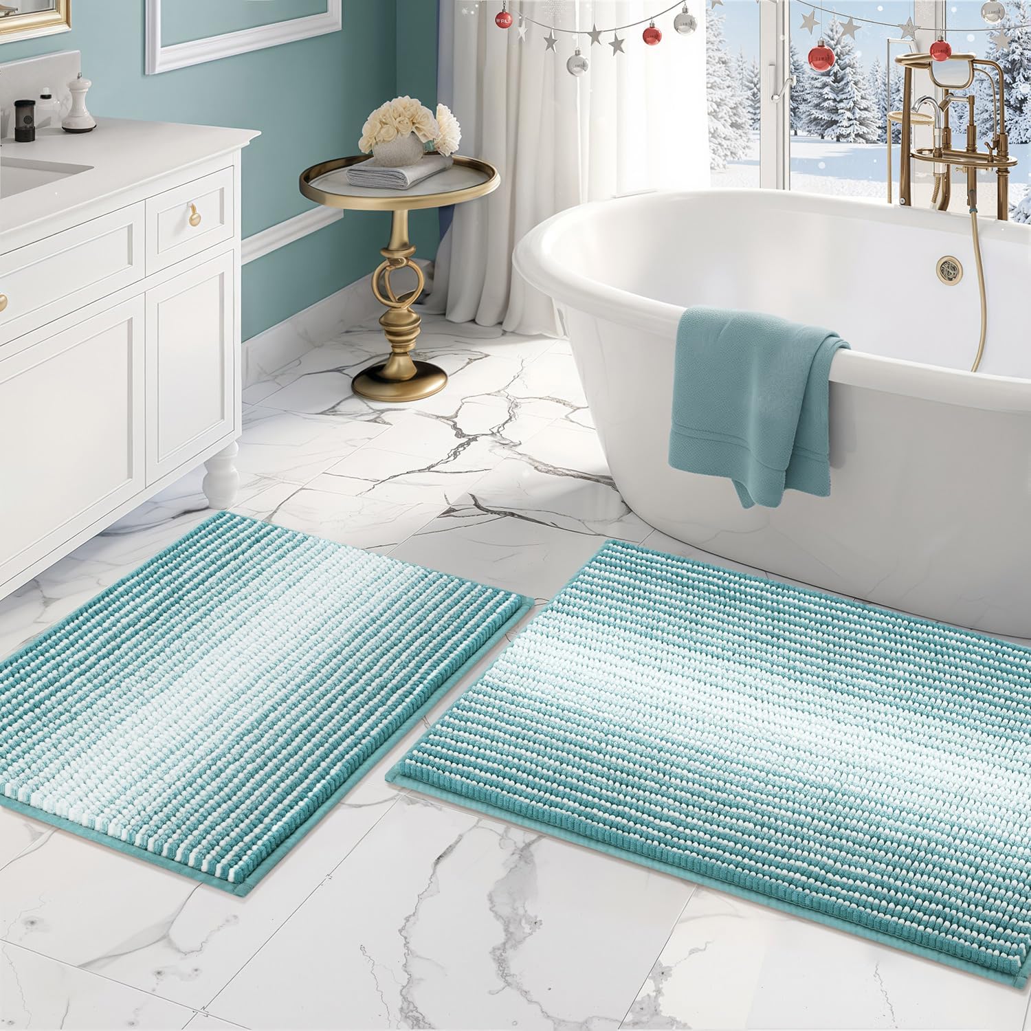 BSICPRO Bathroom Rugs and Mats Sets, 2 Piece Thick Absorbent Chenille Bath Mat Rug Set Non Slip, Soft Shaggy Bath Room Floor Mats for Bathroom, Machine Washable (Sage, 20" x 47" Plus 16" x 24")