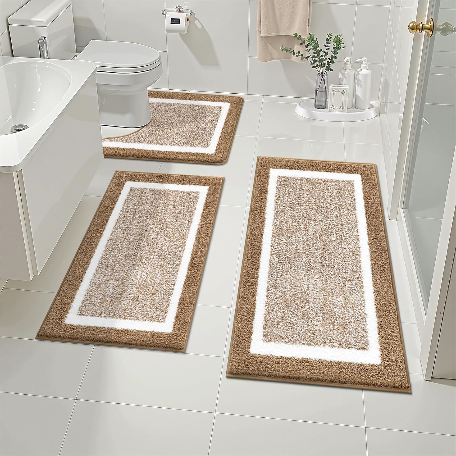 Pauwer Bathroom Rug Mat Set 3 Piece, Microfiber Shaggy Bath Set, Non-Slip Ultra Soft Carpet Mats, Absorbent with U-Shaped Toilet for Bathroom, Tub, Shower, Dark Grey