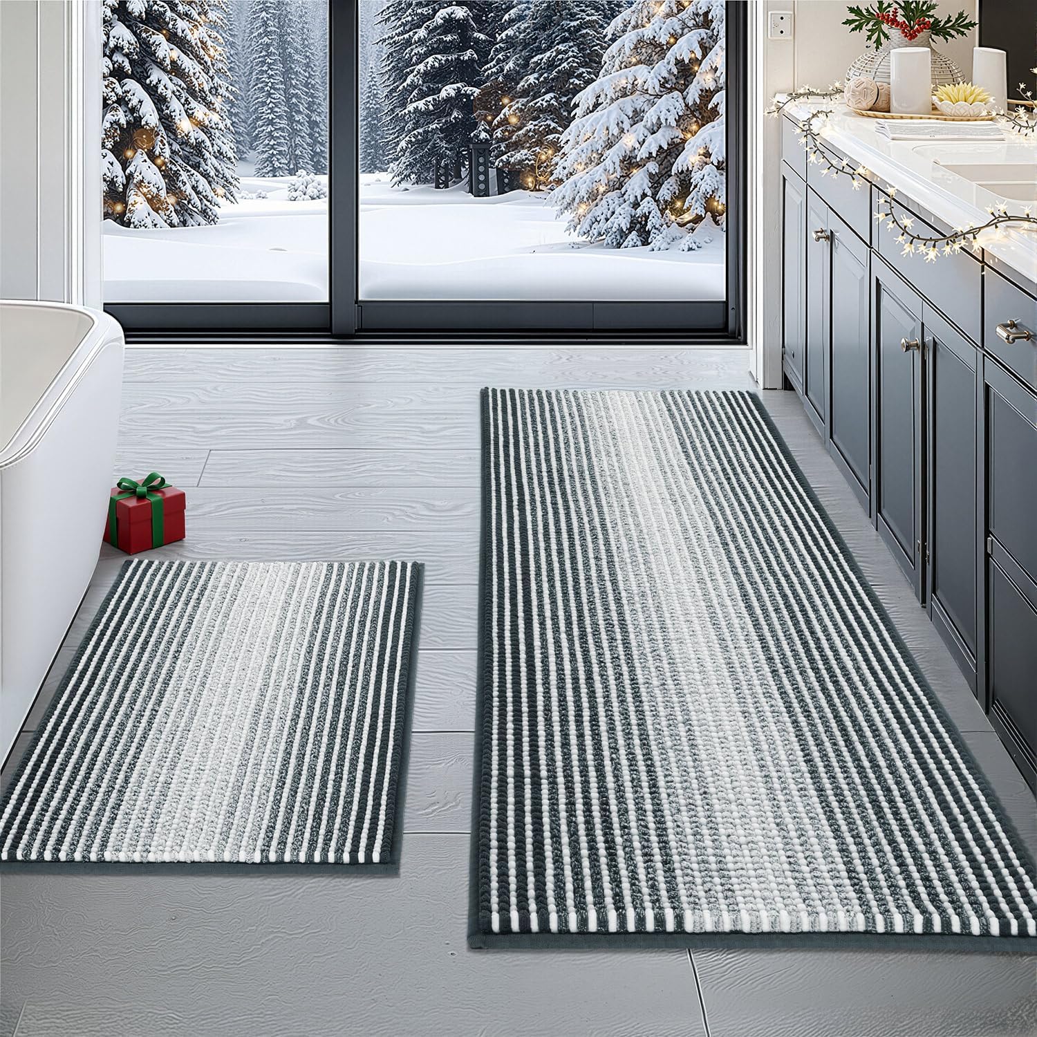 BSICPRO Bathroom Rugs and Mats Sets, 2 Piece Thick Absorbent Chenille Bath Mat Rug Set Non Slip, Soft Shaggy Bath Room Floor Mats for Bathroom, Machine Washable (Sage, 20" x 47" Plus 16" x 24")