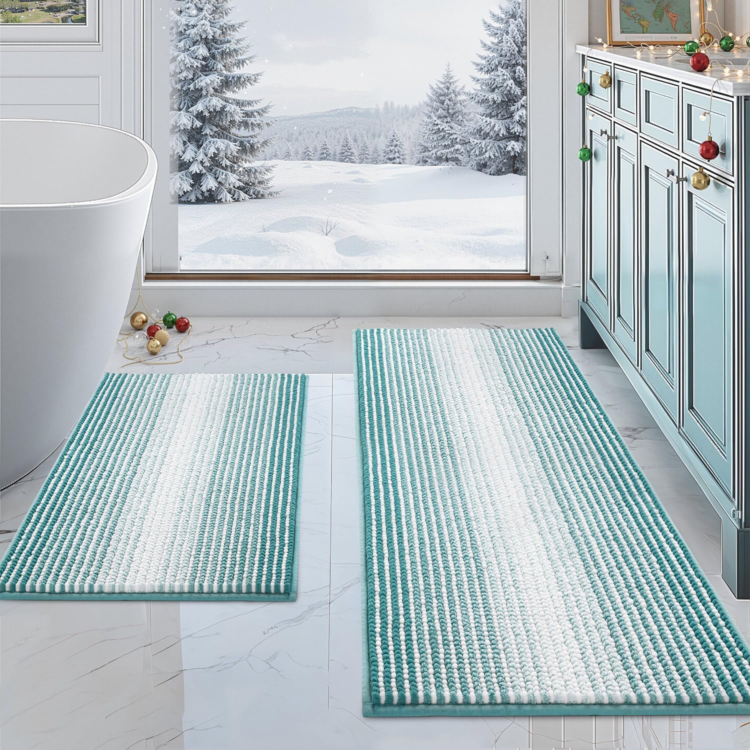 BSICPRO Bathroom Rugs and Mats Sets, 2 Piece Thick Absorbent Chenille Bath Mat Rug Set Non Slip, Soft Shaggy Bath Room Floor Mats for Bathroom, Machine Washable (Sage, 20" x 47" Plus 16" x 24")