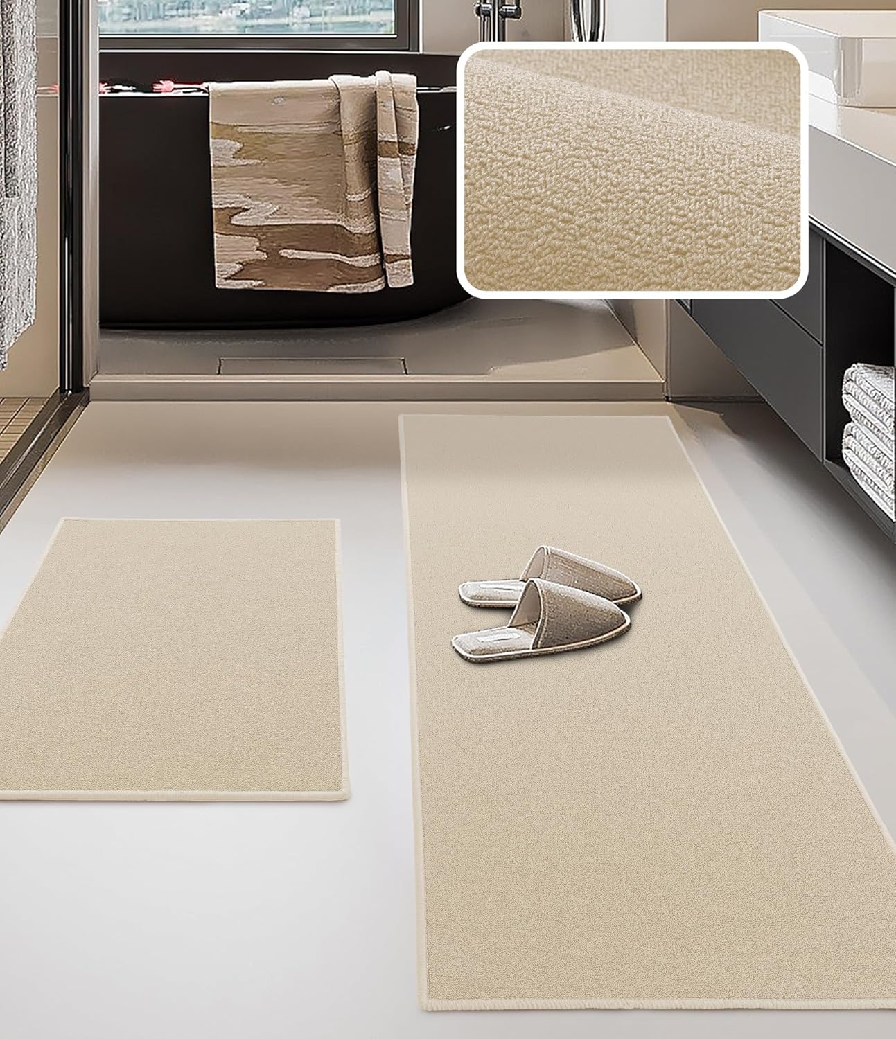 YIHOUSE Bathroom Rug Sets 2 Piece, Ultra Thin Bath Mat Fit Under Door, Quick Dry Absorbent Bath Mat for Bathroom Non Slip Machine Washable Floor Mat (Black, 2 Piece)