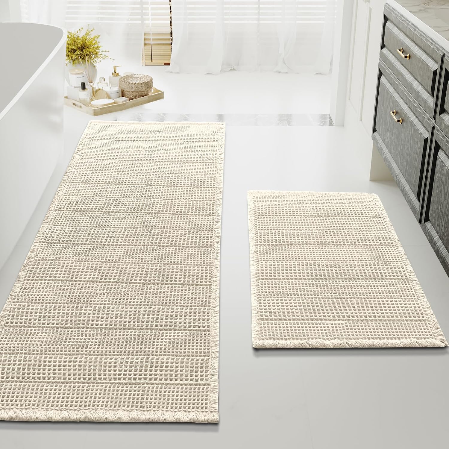 H.VERSAILTEX Waffle Bath Mat Super Absorbent Bathroom Mats Non Slip Bath Rugs for Bathroom Floor Machine Washable Ultra Soft Bathroom Rugs for Beside Tub, (32 x 20 Plus 24 x 60 - Inches, Irish Cream)