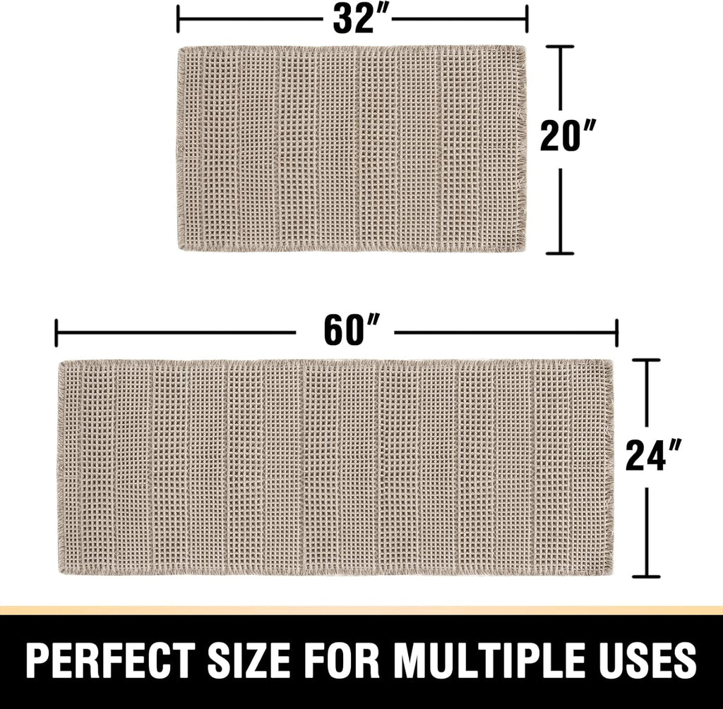 H.VERSAILTEX Waffle Bath Mat Super Absorbent Bathroom Mats Non Slip Bath Rugs for Bathroom Floor Machine Washable Ultra Soft Bathroom Rugs for Beside Tub, (32 x 20 Plus 24 x 60 - Inches, Irish Cream)