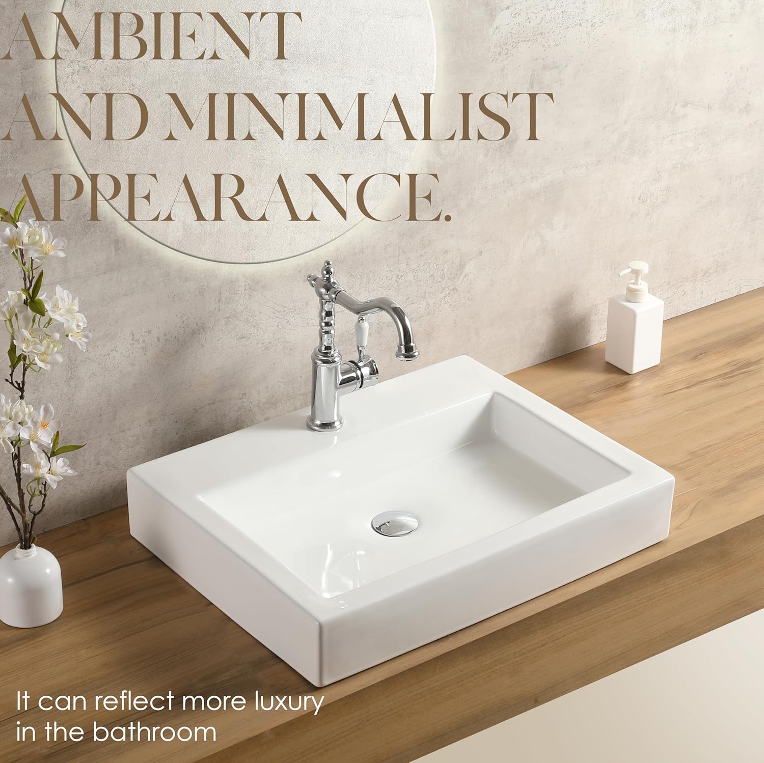 24 x18 Inch Rectangular White Bathroom Vessel Sink, Above Counter Porcelain Ceramic Sinks,Vanity Lavatory Bath Countertop Bathroom Sinks Bowl Basin with Faucet Hole(LA-4427)