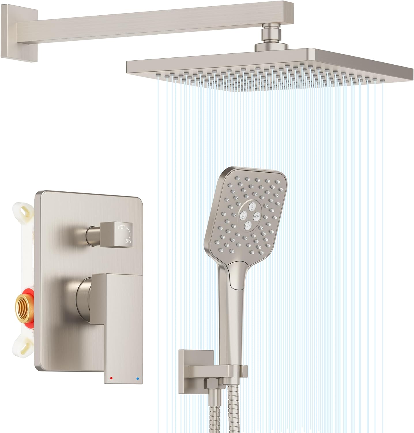 Gabrylly Shower System with Tub Spout, Wall Mounted Tub Shower Faucet Set for Bathroom with High Pressure 10" Rain Shower head and 3-Setting Handheld Shower Head Set, Brushed Nickel