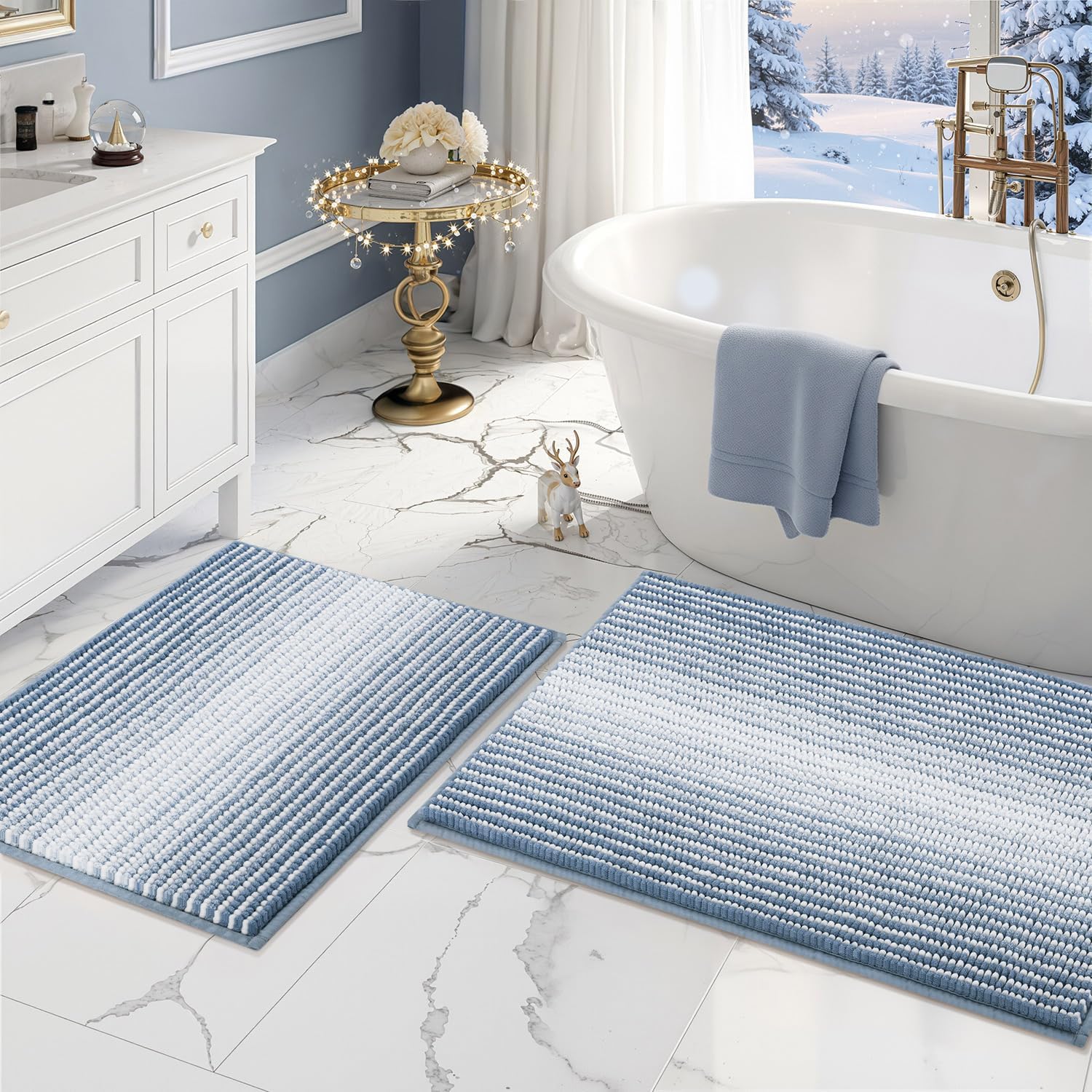 BSICPRO Bathroom Rugs and Mats Sets, 2 Piece Thick Absorbent Chenille Bath Mat Rug Set Non Slip, Soft Shaggy Bath Room Floor Mats for Bathroom, Machine Washable (Sage, 20" x 47" Plus 16" x 24")