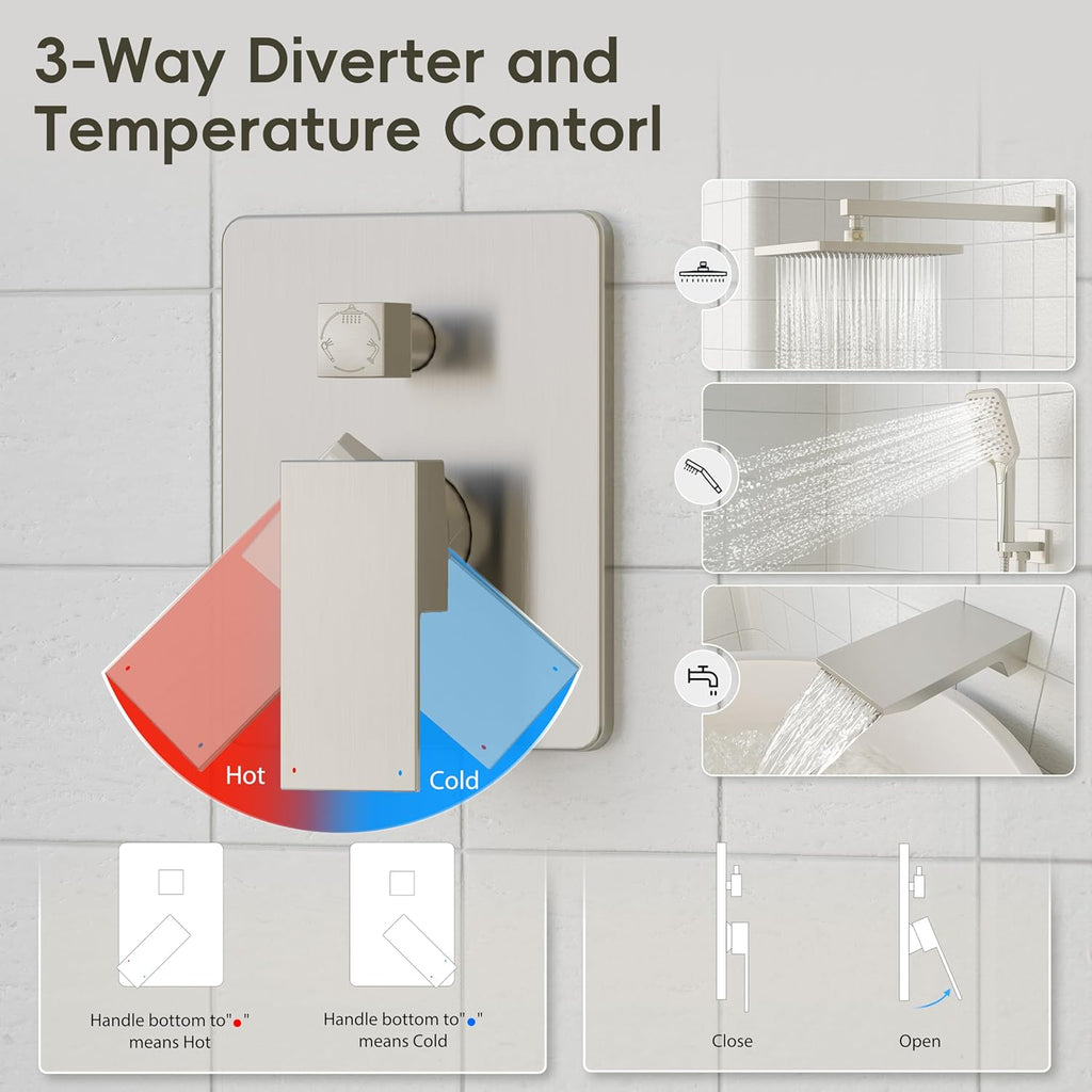 Gabrylly Shower System with Tub Spout, Wall Mounted Tub Shower Faucet Set for Bathroom with High Pressure 10" Rain Shower head and 3-Setting Handheld Shower Head Set, Brushed Nickel