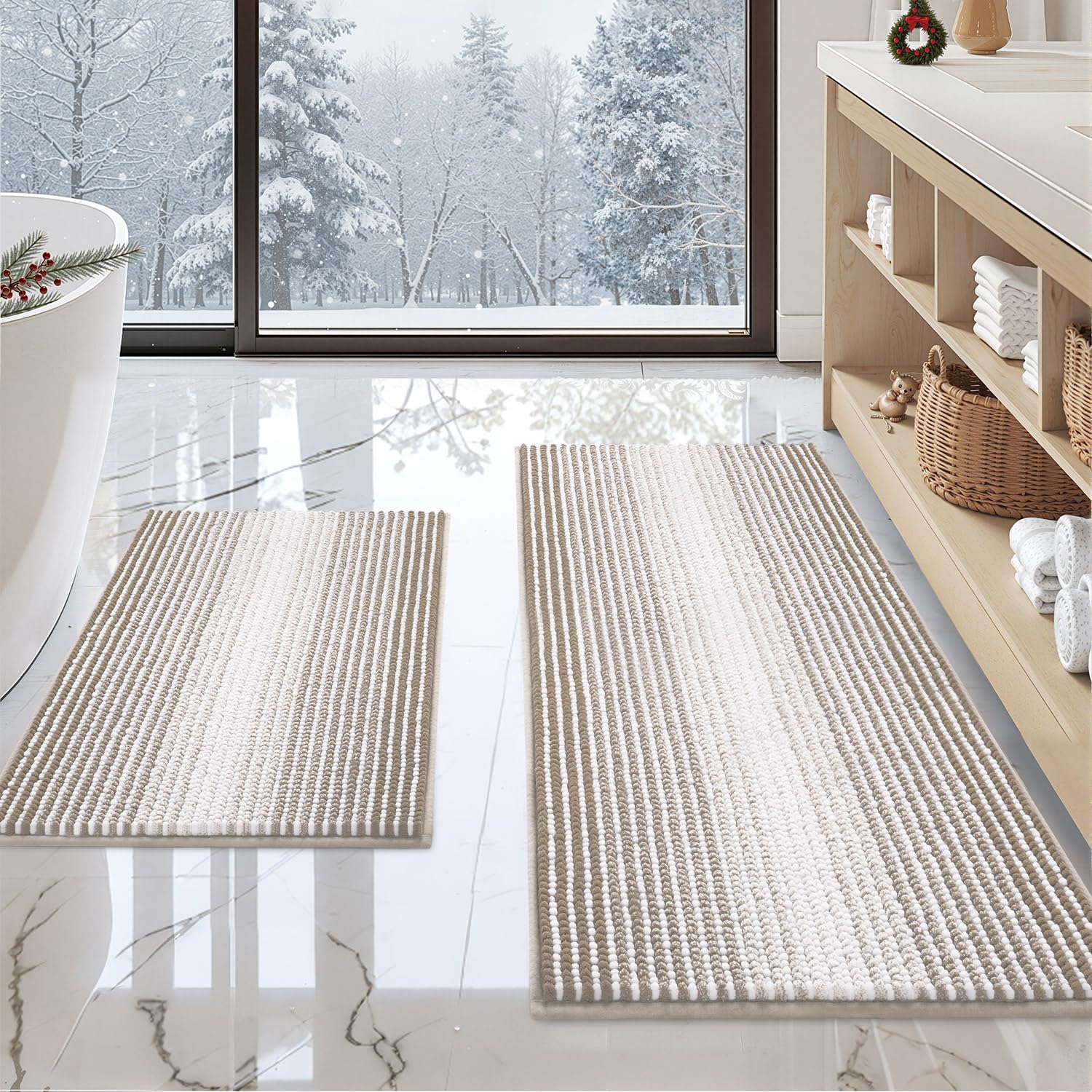 BSICPRO Bathroom Rugs and Mats Sets, 2 Piece Thick Absorbent Chenille Bath Mat Rug Set Non Slip, Soft Shaggy Bath Room Floor Mats for Bathroom, Machine Washable (Sage, 20" x 47" Plus 16" x 24")