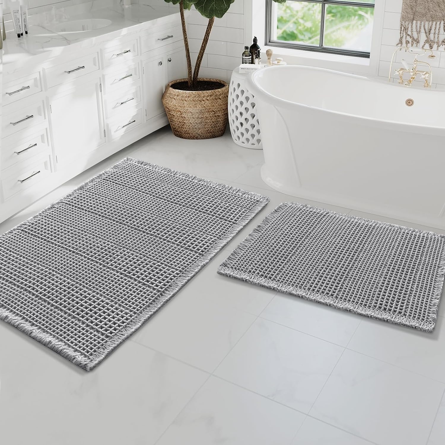 H.VERSAILTEX Waffle Bath Mat Super Absorbent Bathroom Mats Non Slip Bath Rugs for Bathroom Floor Machine Washable Ultra Soft Bathroom Rugs for Beside Tub, (32 x 20 Plus 24 x 60 - Inches, Irish Cream)