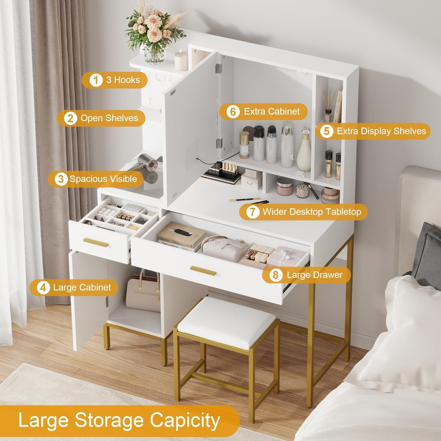 IDEALHOUSE Vanity Desk with Mirror and Lights, 42.5" Makeup Vanity Set with Stool, Makeup Table with Mirror Cabinet and Chair, Drawers & Shelves, Dressing Table with Outlet for Bedroom, White