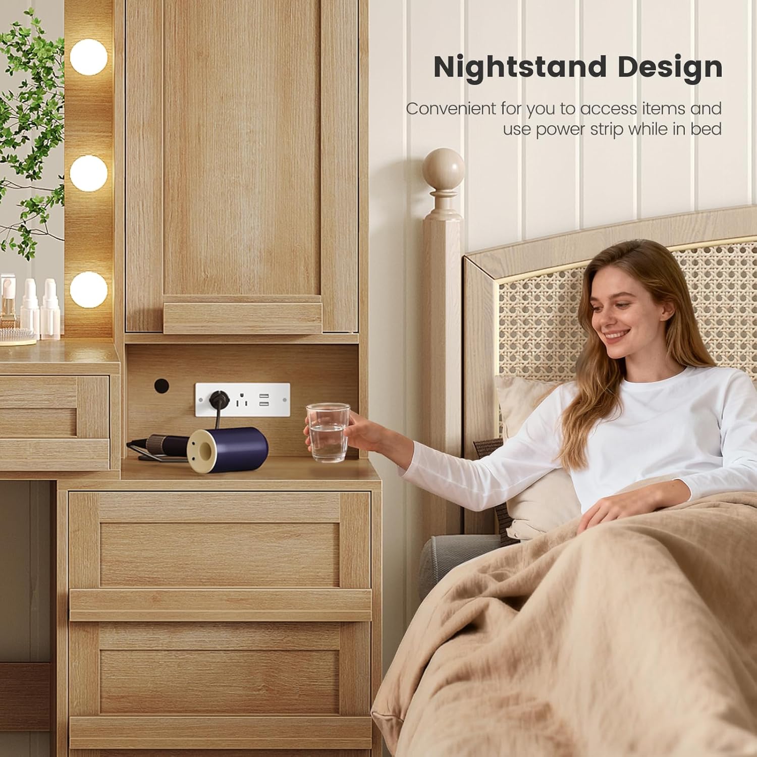 BTHFST Vanity Desk with Large Mirror and Hollywood Style Lights, Makeup Vanity with Charging Station, Makeup Table with 5 Drawers & Dustproof Cabinet, Natural Oak