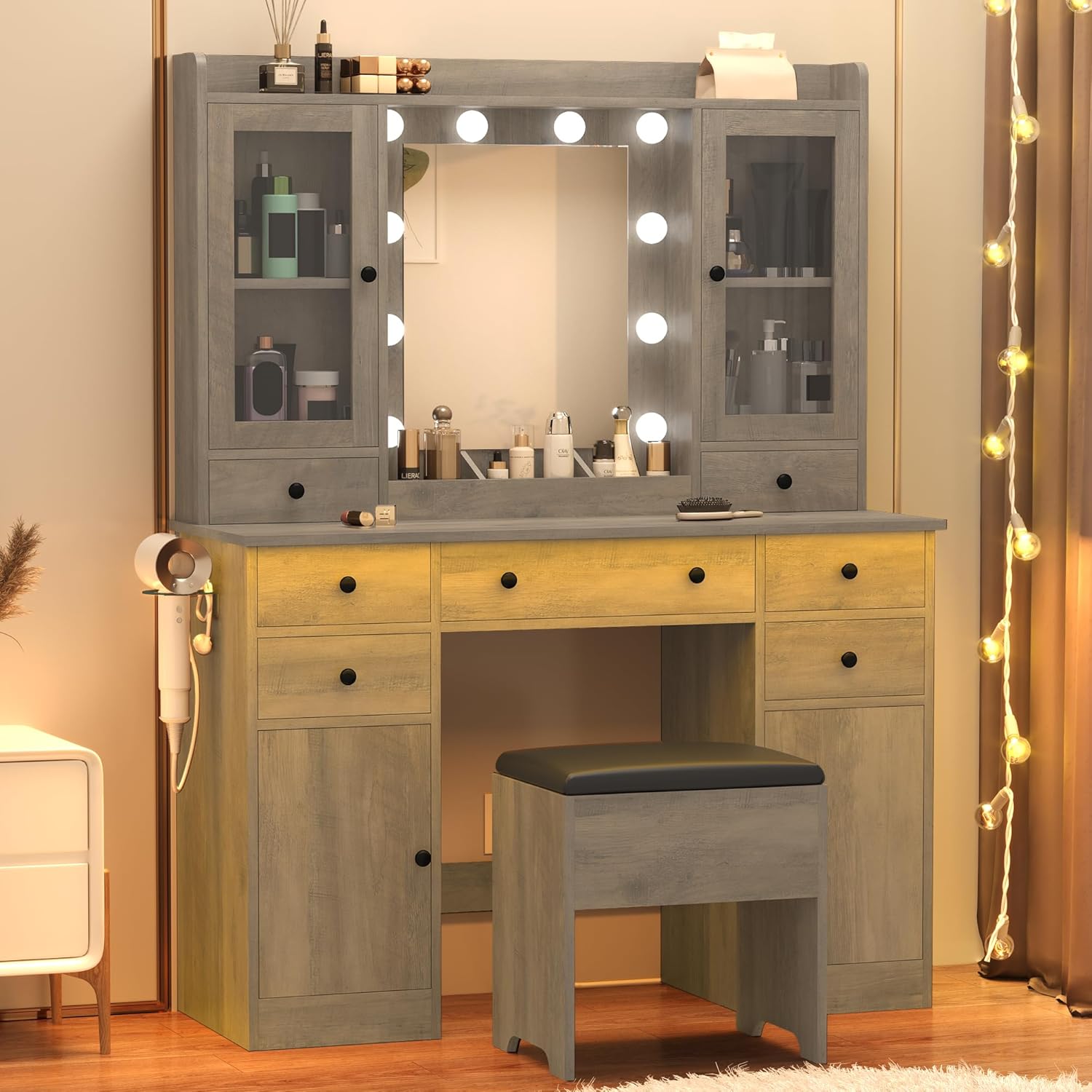 Vanity Desk with Mirror and Lights, 43" White Makeup Vanity Set with 5 Drawers & Glass Cabinets, Storage Stool, Power Outlet & Adjustable LED Lights, Dressing Table for Women & Girls Bedroom