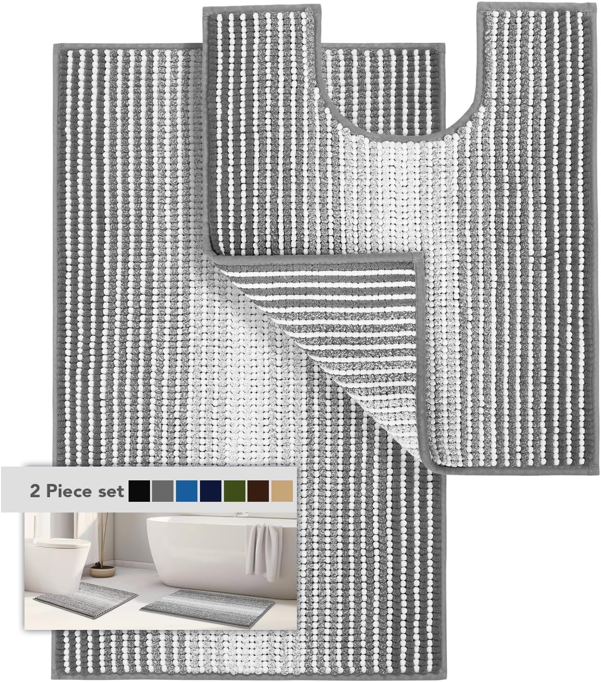 BSICPRO Bathroom Rugs and Mats Sets, 2 Piece Thick Absorbent Chenille Bath Mat Rug Set Non Slip, Soft Shaggy Bath Room Floor Mats for Bathroom, Machine Washable (Sage, 20" x 47" Plus 16" x 24")