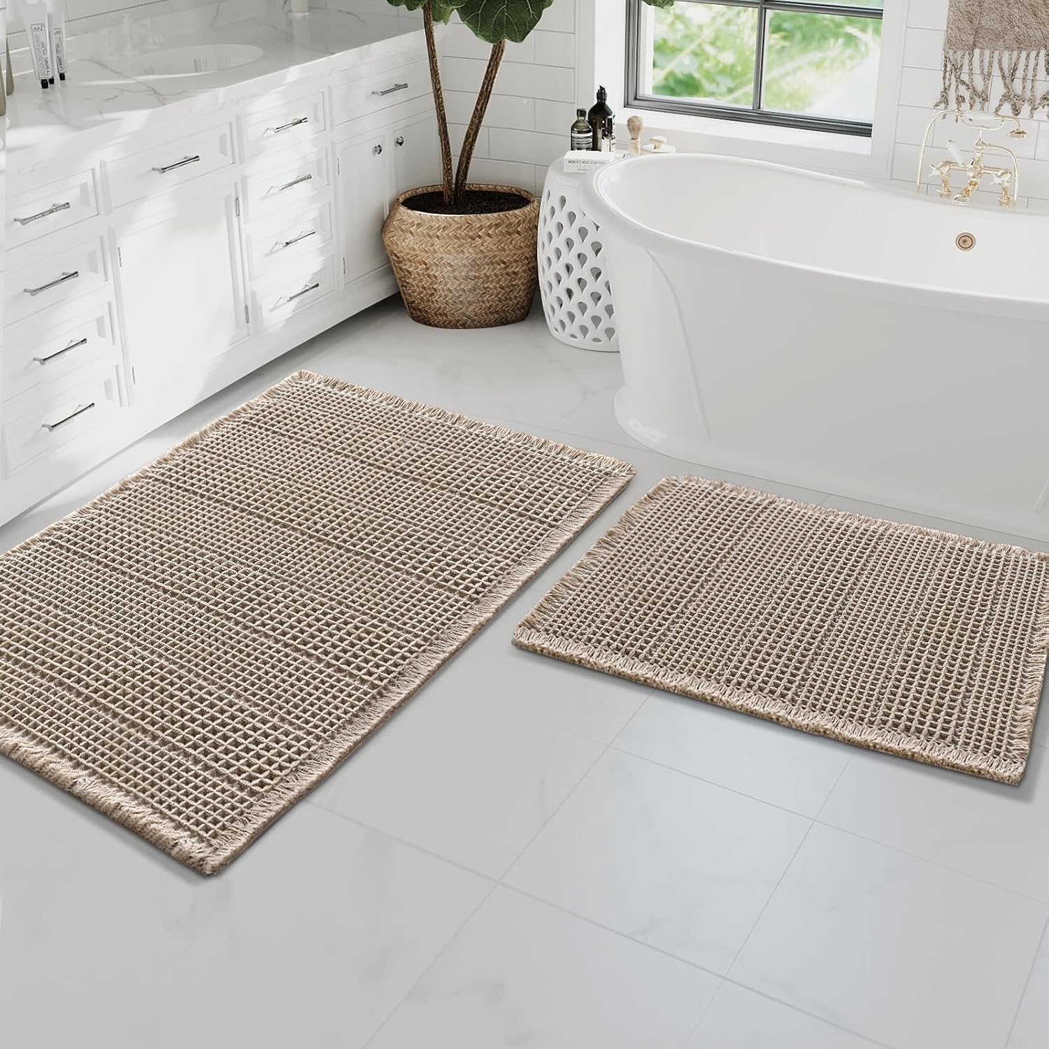 H.VERSAILTEX Waffle Bath Mat Super Absorbent Bathroom Mats Non Slip Bath Rugs for Bathroom Floor Machine Washable Ultra Soft Bathroom Rugs for Beside Tub, (32 x 20 Plus 24 x 60 - Inches, Irish Cream)