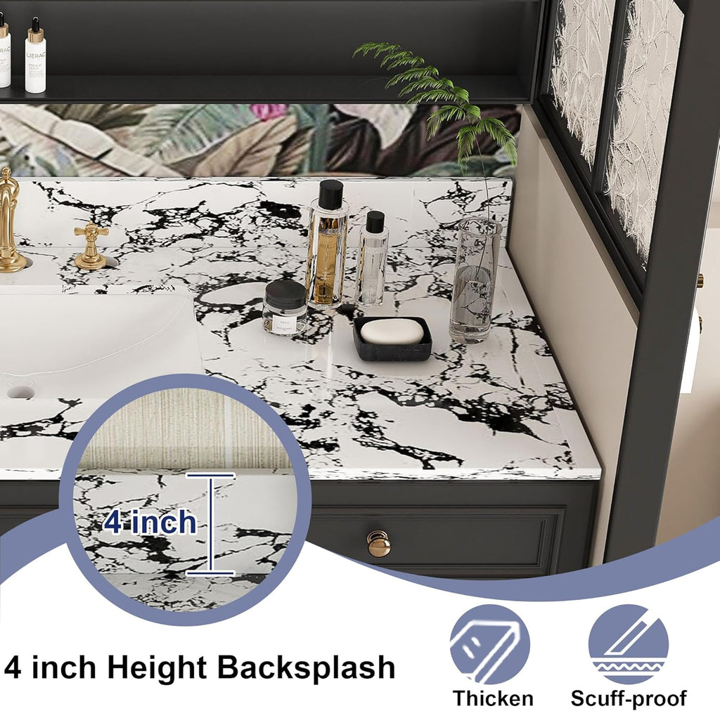 Montary 49"x 22" Artificial Marble Bathroom Vanity Top with Undermounted Ceramic Sink & Backsplash, Engineered Stone Bathroom Vanity Sink Tops with 3 Pre-Drilled Hole, Panda White