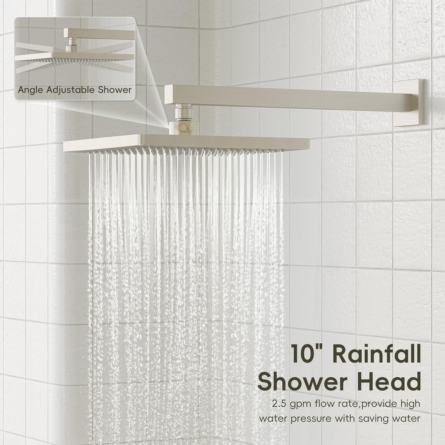 Gabrylly Shower System with Tub Spout, Wall Mounted Tub Shower Faucet Set for Bathroom with High Pressure 10" Rain Shower head and 3-Setting Handheld Shower Head Set, Brushed Nickel