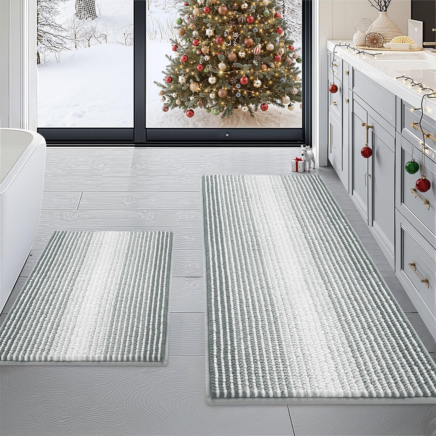 BSICPRO Bathroom Rugs and Mats Sets, 2 Piece Thick Absorbent Chenille Bath Mat Rug Set Non Slip, Soft Shaggy Bath Room Floor Mats for Bathroom, Machine Washable (Sage, 20" x 47" Plus 16" x 24")