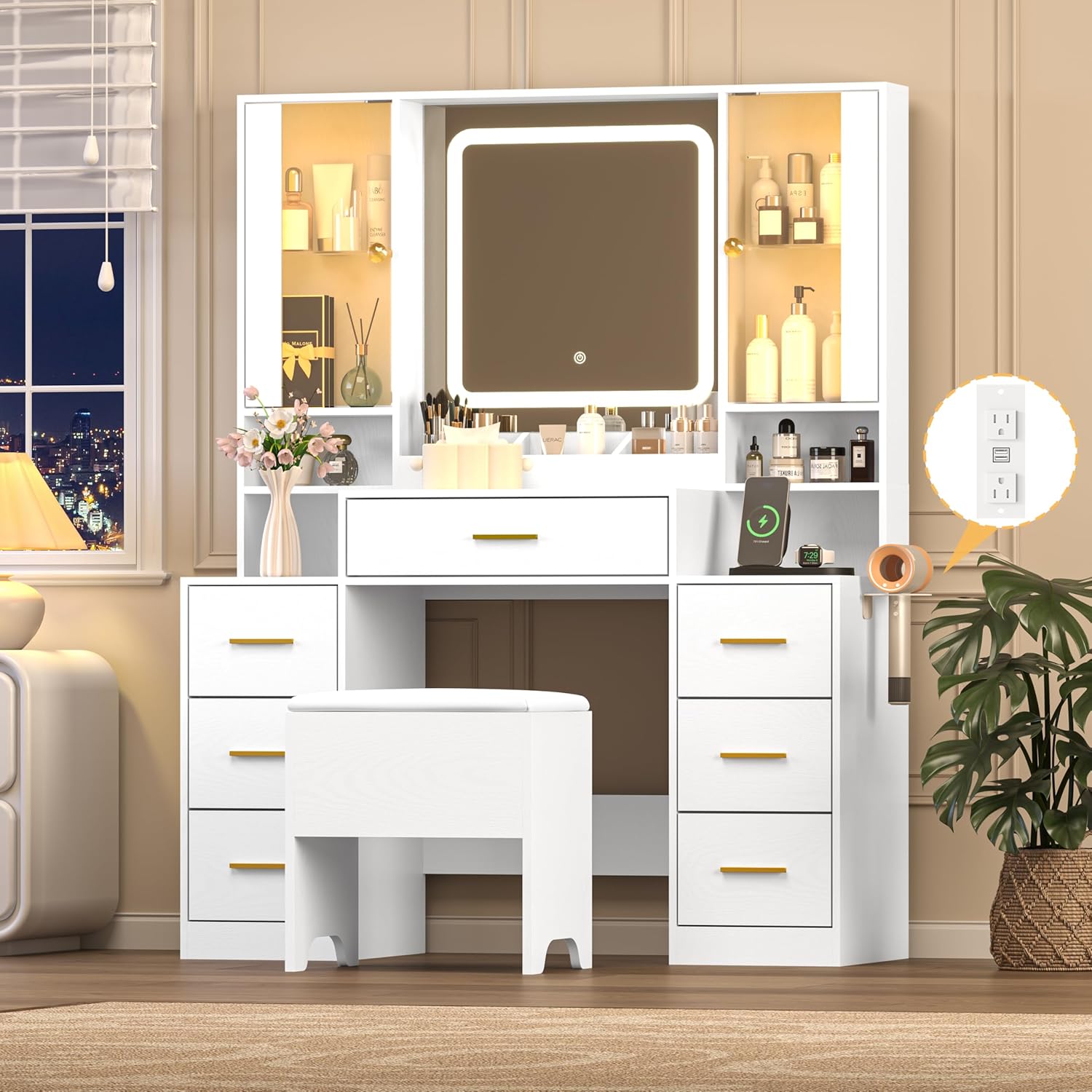 Vanity Desk with Mirror and Lights, 43" White Makeup Vanity Set with 5 Drawers & Glass Cabinets, Storage Stool, Power Outlet & Adjustable LED Lights, Dressing Table for Women & Girls Bedroom