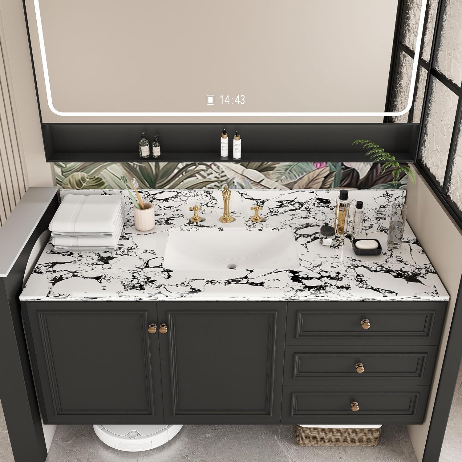 37" Bathroom Vanity Top with Ceramic Undermount Sink & Backsplash,Calacatta Gold Sintered Stone Counter Top, 3 Holes Vanity Sink Top