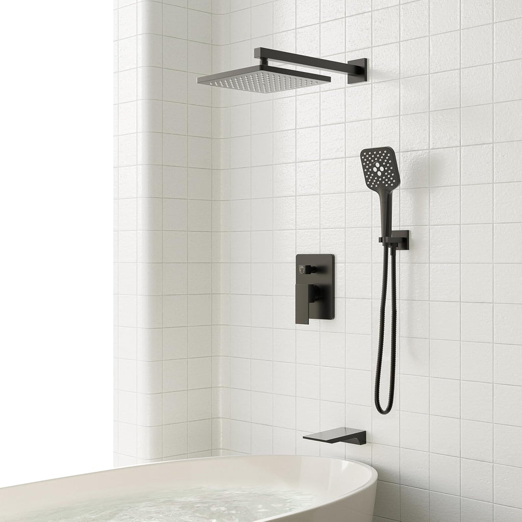 Gabrylly Shower System with Tub Spout, Wall Mounted Tub Shower Faucet Set for Bathroom with High Pressure 10" Rain Shower head and 3-Setting Handheld Shower Head Set, Matte Black