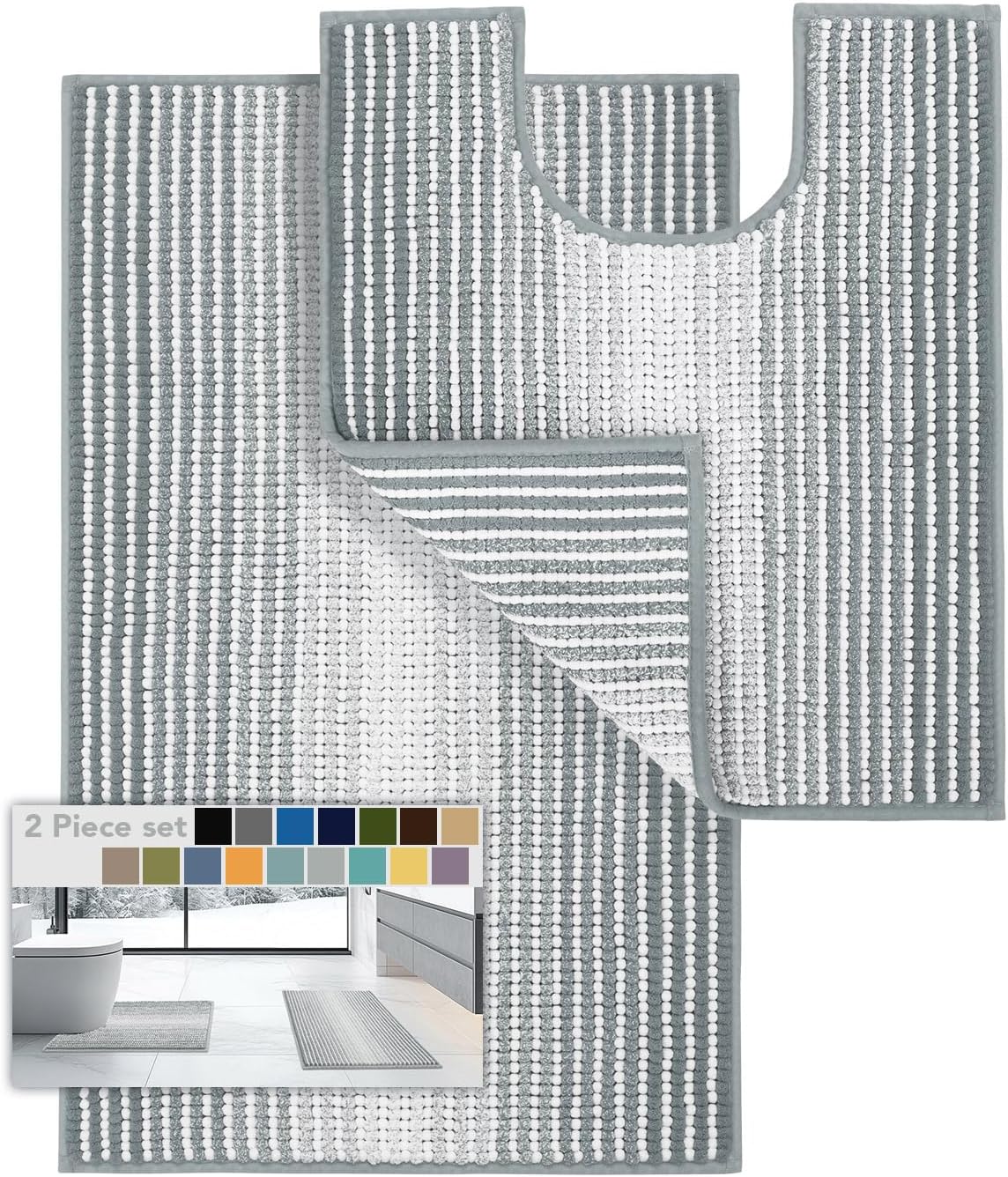 BSICPRO Bathroom Rugs and Mats Sets, 2 Piece Thick Absorbent Chenille Bath Mat Rug Set Non Slip, Soft Shaggy Bath Room Floor Mats for Bathroom, Machine Washable (Sage, 20" x 47" Plus 16" x 24")