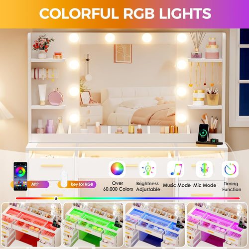 ANWBROAD Vanity Desk with Mirror and Lights 3 Colors Large Makeup Vanity Table Set Transparent Glass Top with 9 RGB Drawers, 4 Shelves Vanity Desk with Stool Power Outlet White Bedroom Women UBDT94W