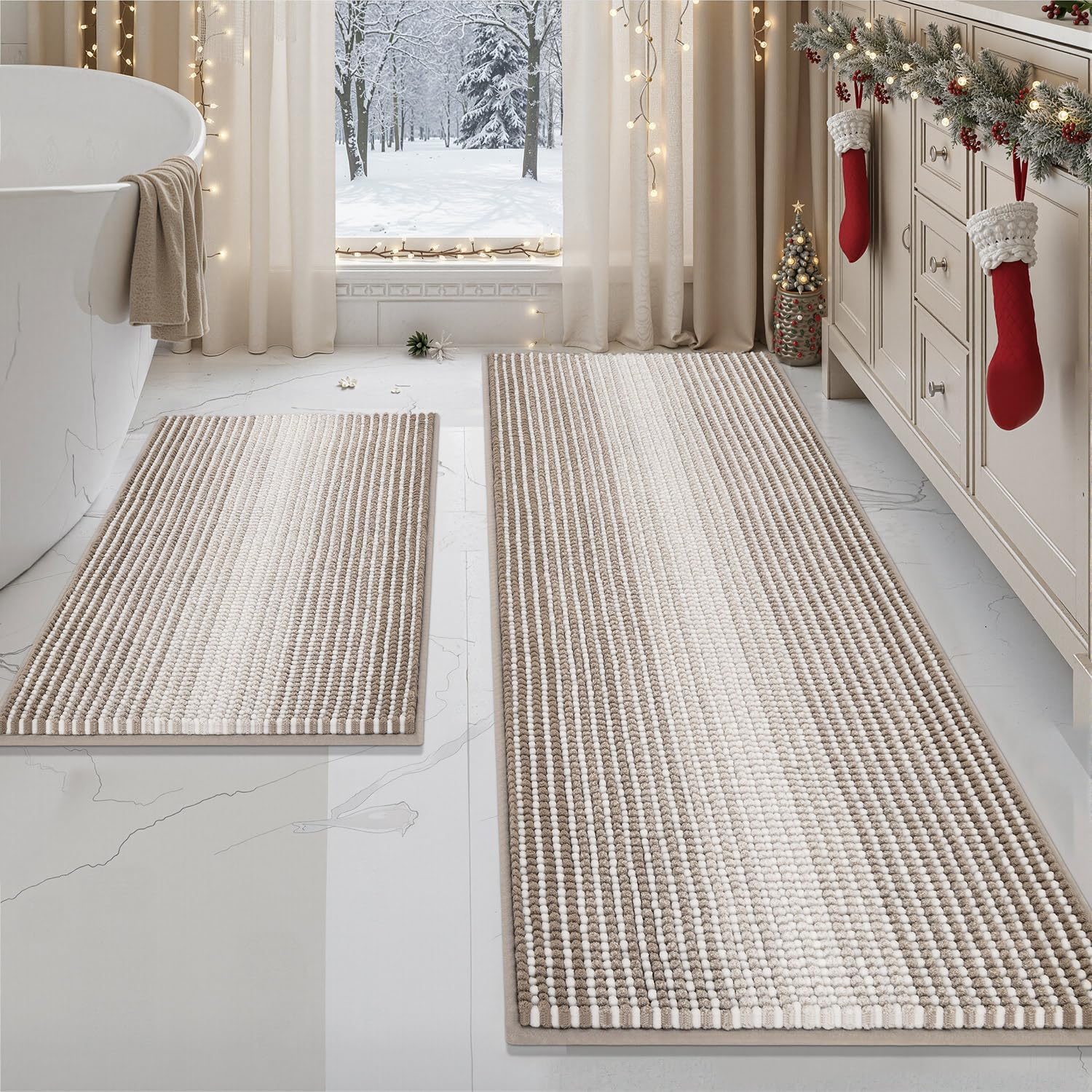 BSICPRO Bathroom Rugs and Mats Sets, 2 Piece Thick Absorbent Chenille Bath Mat Rug Set Non Slip, Soft Shaggy Bath Room Floor Mats for Bathroom, Machine Washable (Sage, 20" x 47" Plus 16" x 24")