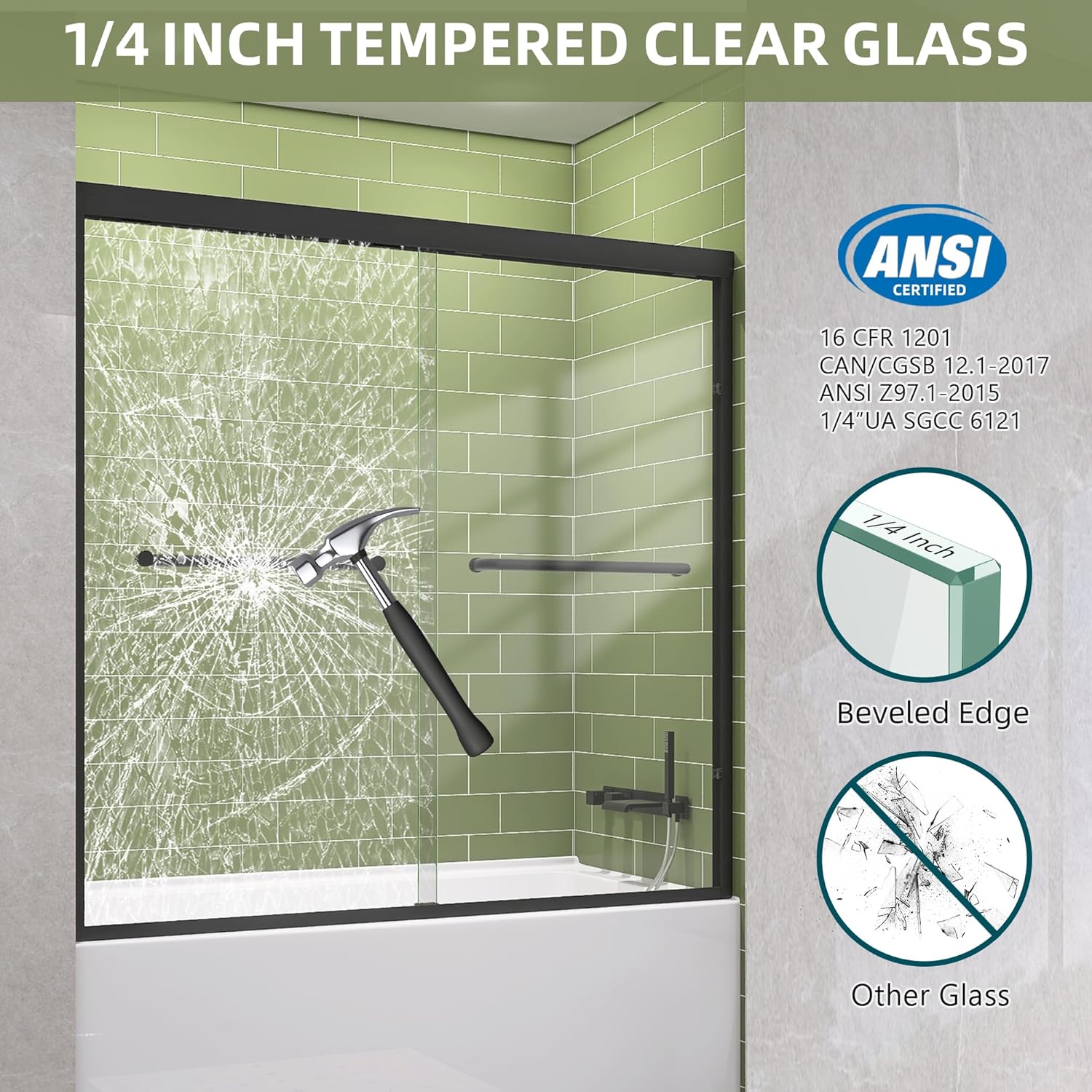 GETPRO Tub Shower Door Sliding 57-60 in. W x 58 in. H Semi-Frameless Bypass Double Sliding Bathroom Glass Tub Door,1/4 inch Clear Tempered Glass Bathtub Door Matte Black