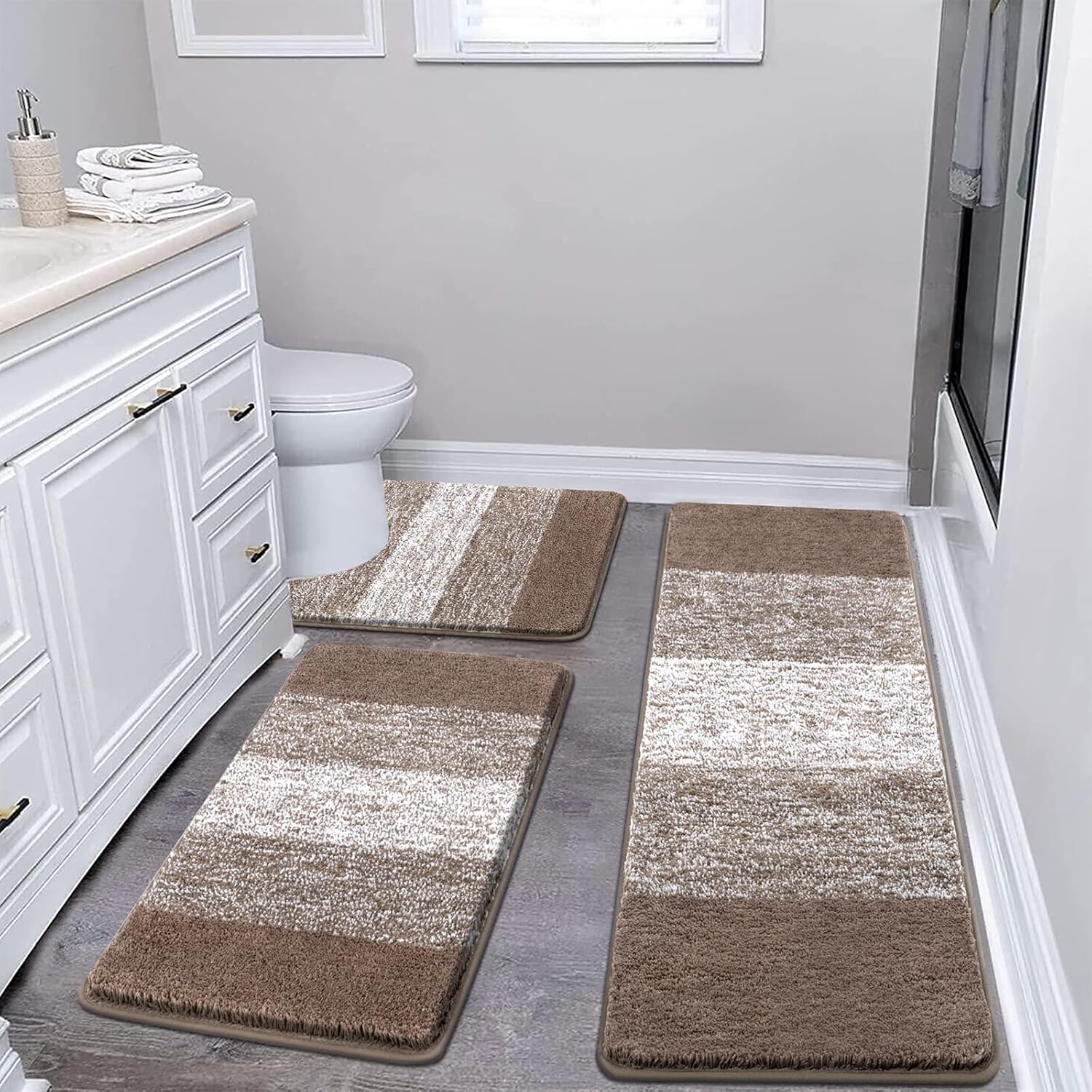 Pauwer Bathroom Rugs Sets 3 Piece Shower Rugs with U-Shaped Contour Toilet Mat Absorbent Microfiber Plush Bath Mats Non Slip Bath Rugs Machine Washable Shaggy Bathroom Floor Mats, Grey